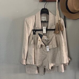 Woven Beige Linen-Blend Blazer & Shorts Set